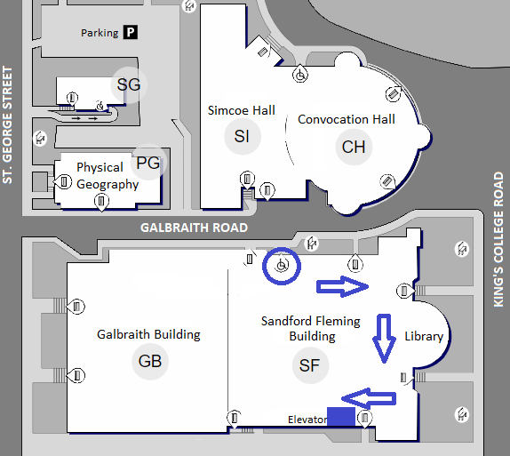 Map pointing to accessible entrance on north side of Sandford Fleming Building